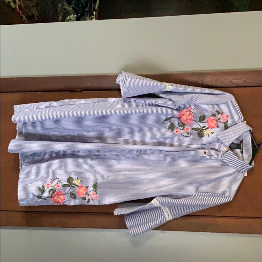 blue and white striped with flowers dress